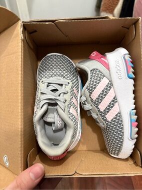 adidas Toddler Grey Sneakers with Pink Stripes
